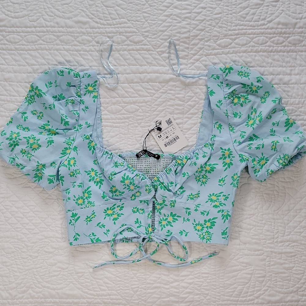 Zara Womens Blue, Green, Yellow Floral Short Sleeve Tie Front Crop Top Size M